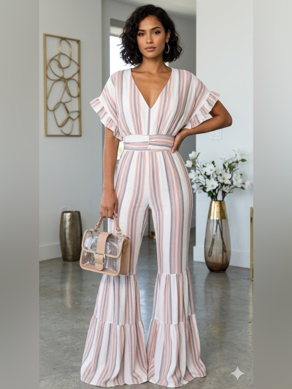 Striped Flutter-Sleeve Jumpsuit